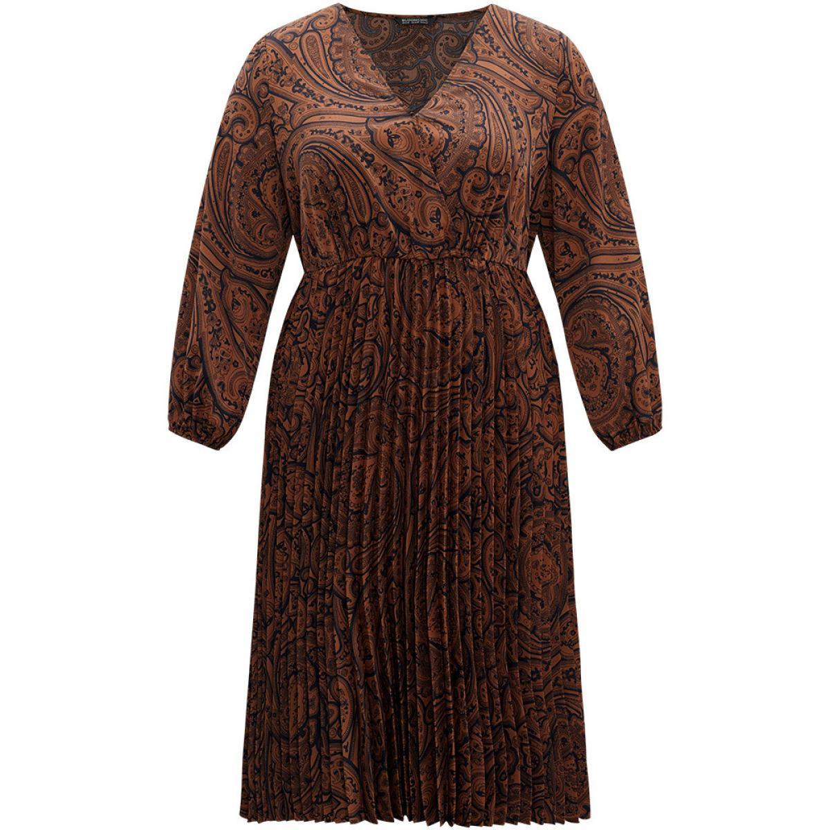 Plus Size Boho Print Pleated Elastic Waist Wrap Dress DarkBrown Women Vacation Elastic cuffs V-neck Long Sleeve Curvy Midi Dress BloomChic 14-16/1X Product Image