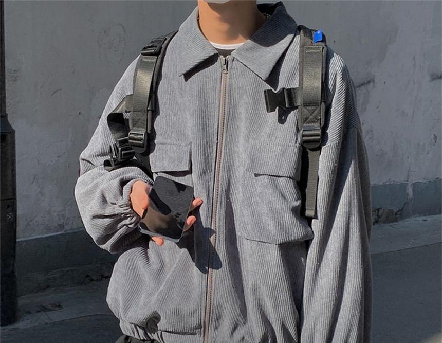 Collared Plain Zip-Up Corduroy Cargo Jacket Product Image