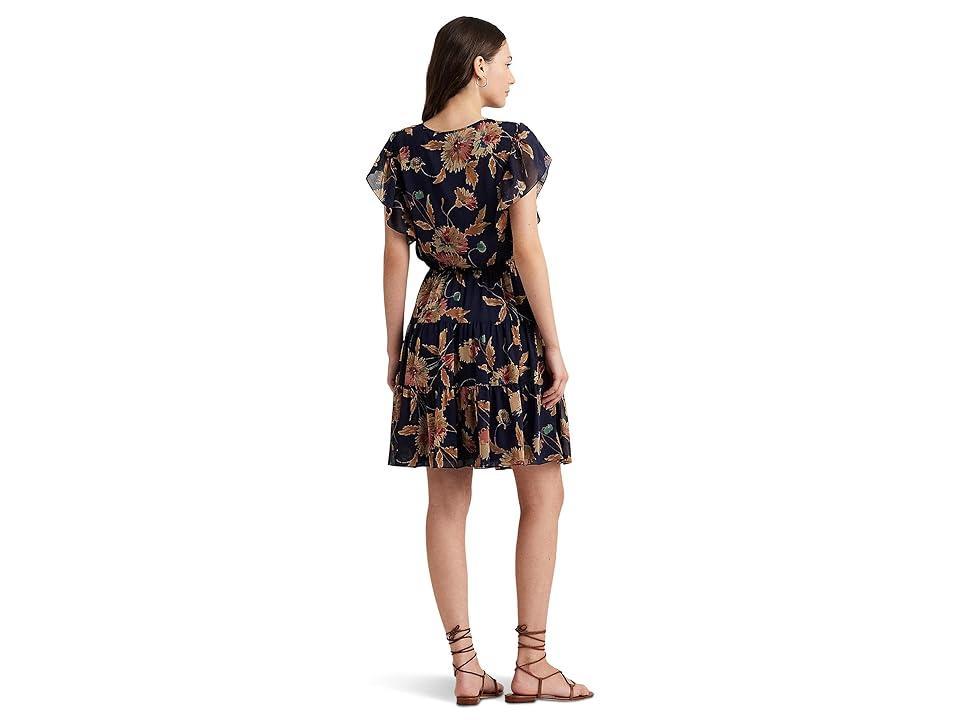 Lauren Ralph Lauren Floral Crinkle Georgette Tie Neck Dress Tan/Multi) Women's Dress Product Image