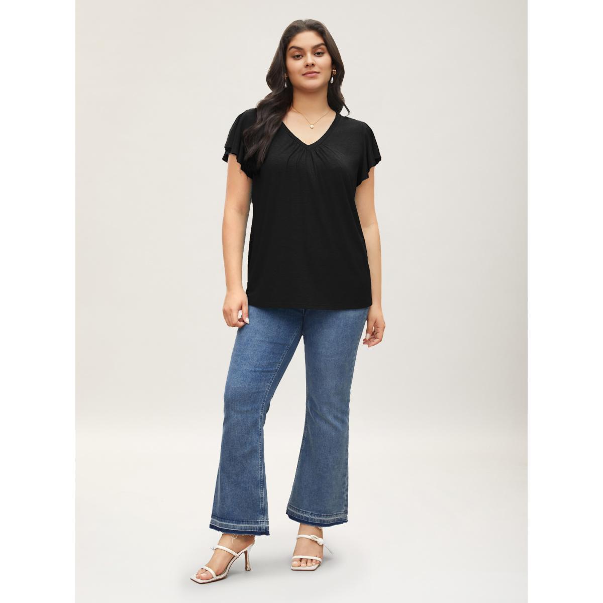 Plus Size Solid Heather Gathered Ruffle Sleeve T-shirt Black Women Elegant Non V-neck Everyday T-shirts BloomChic 18-20/2X Product Image