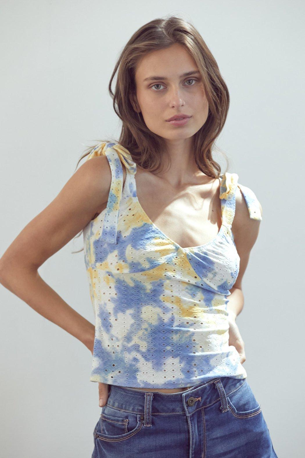 Tie Shoulder Bustier Style Cami Top Tie Dye Eyelet Product Image