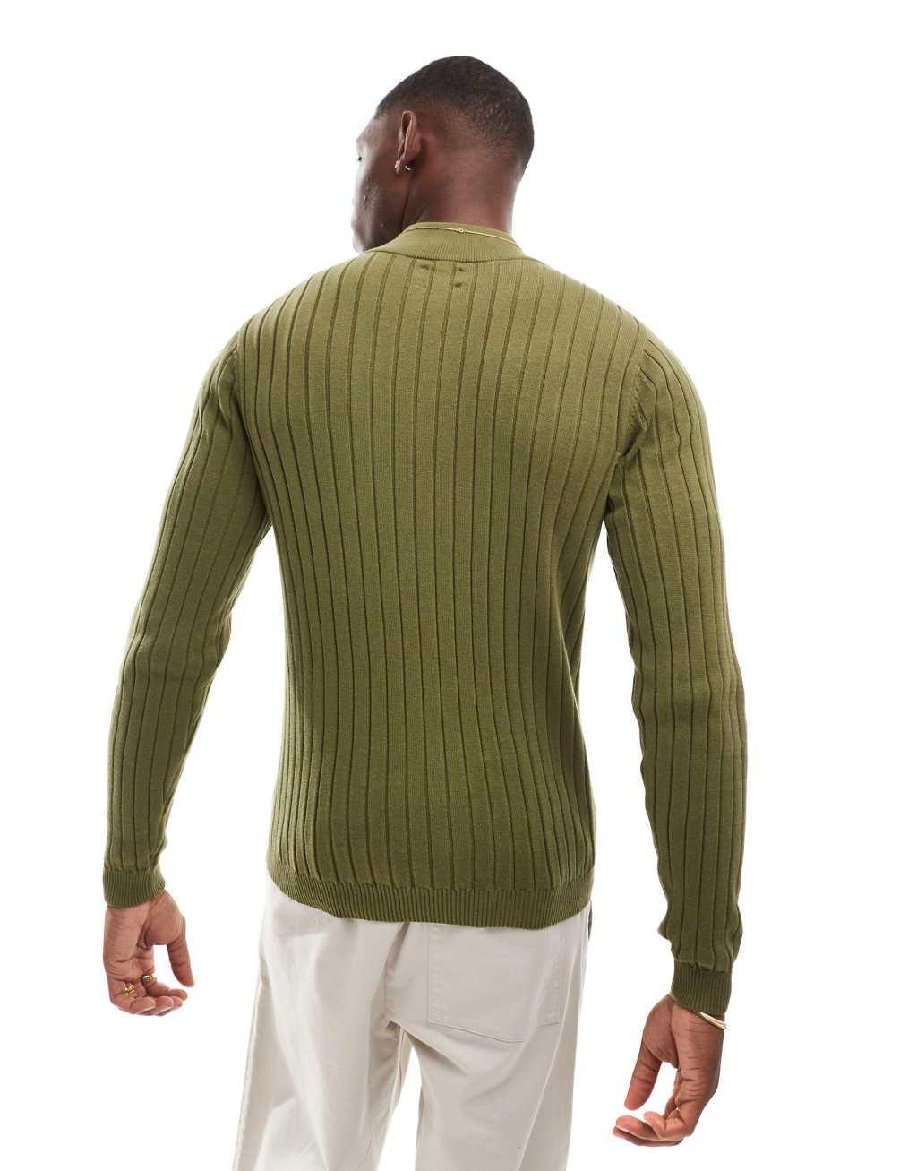 ASOS DESIGN essential muscle fit rib knit 1/2 zip sweater in khaki Product Image