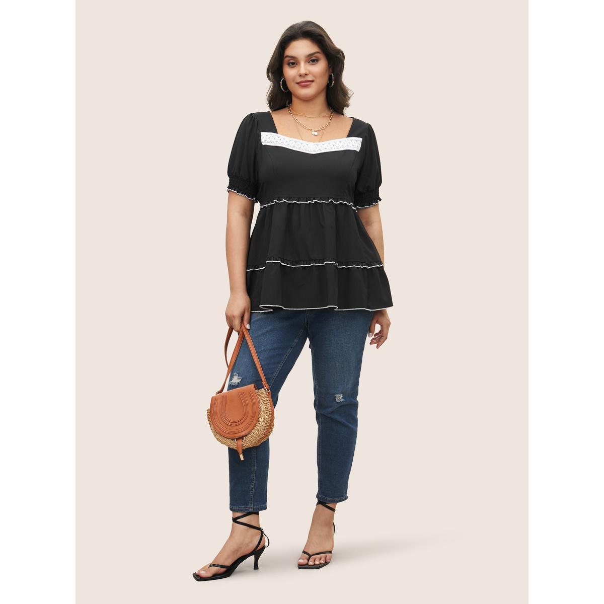 Plus Size Black Contrast Shirred Woven Ribbon Frill Trim Blouse Women Elegant Short sleeve Heart neckline Everyday Blouses BloomChic 10/M Product Image