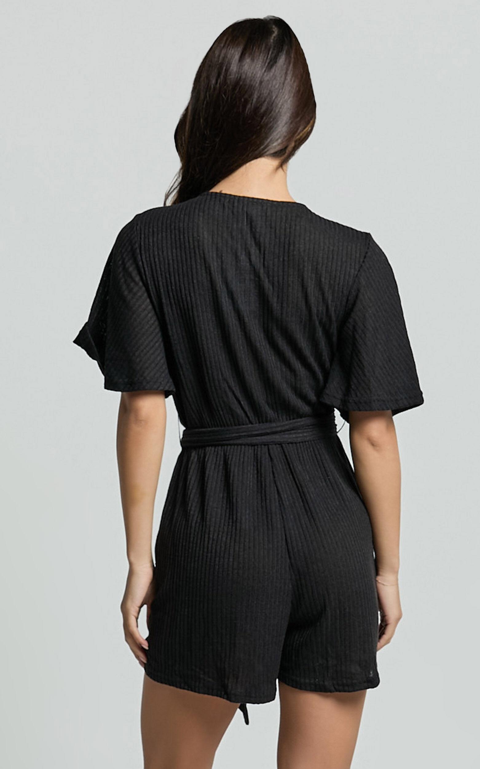 Cecilia Playsuit - Short Sleeve Belted Wrap Playsuit in Black Product Image