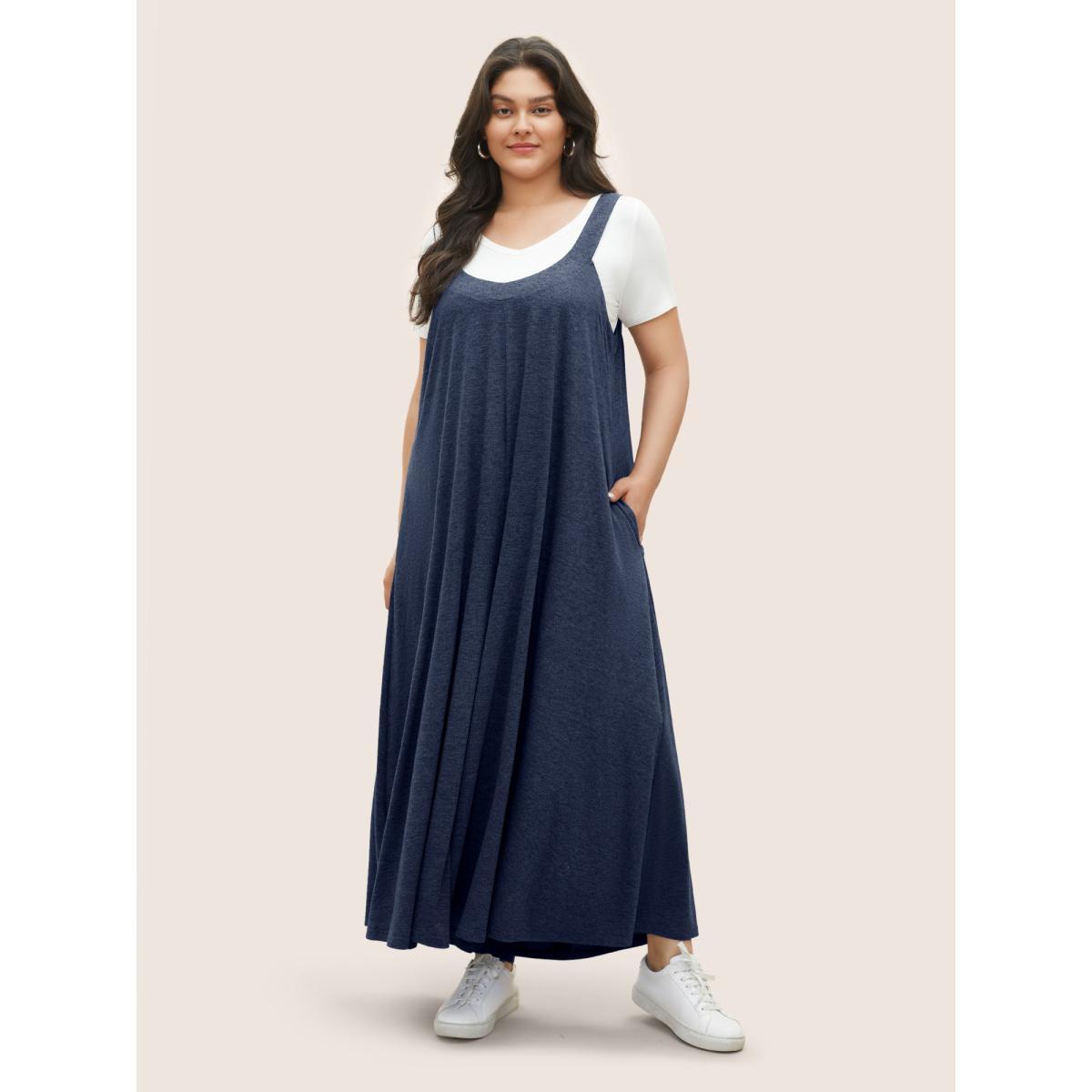 Plus Size Navy Supersoft Essentials Solid Pocket Adjustable Straps Jumpsuit Women Casual Sleeveless Non Everyday Loose Jumpsuits BloomChic 10/M Product Image
