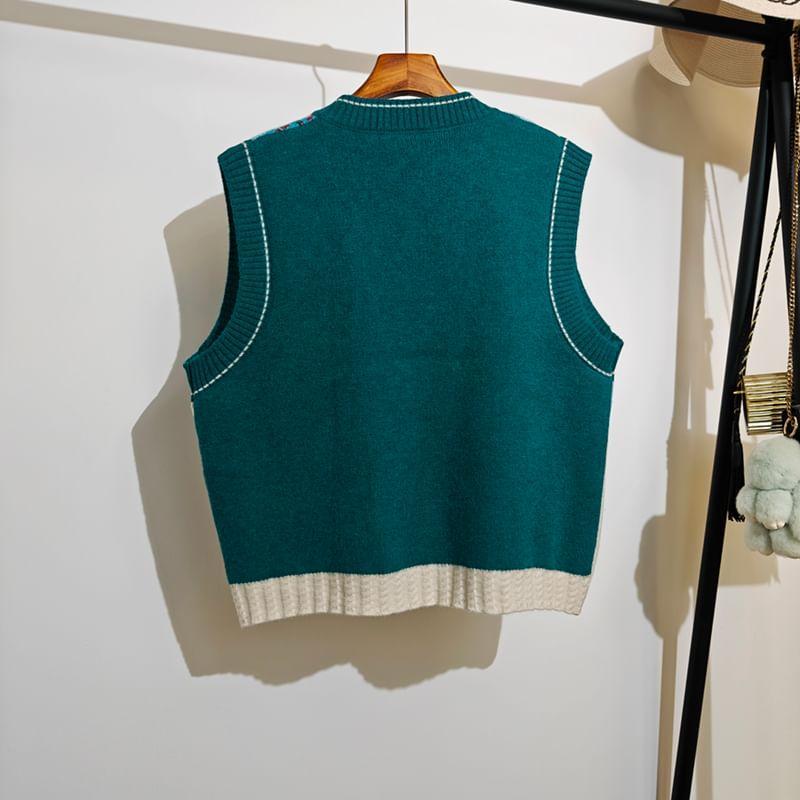 Sleeveless V-Neck Cat Flowers Cropped Sweater Vest Product Image