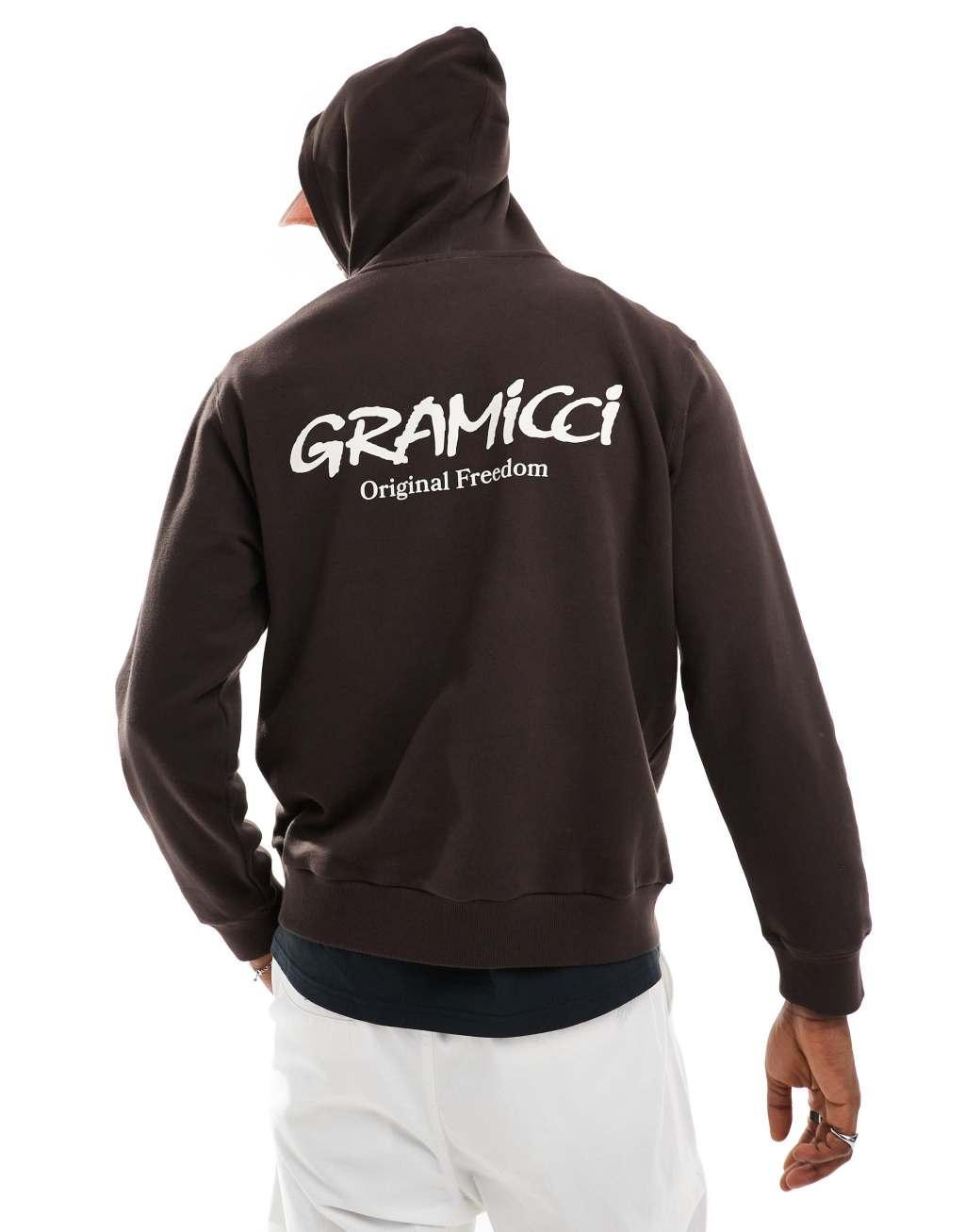 Gramicci original freedom graphic hoodie in dark brown Product Image
