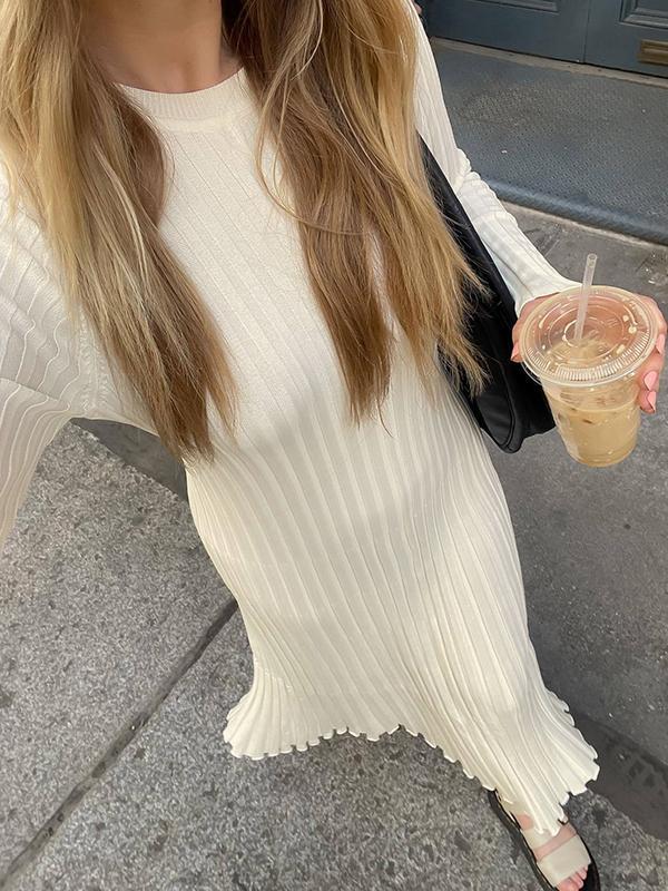 Solid Color Wide Ribbed Design Slim Knit Maxi Dress Product Image