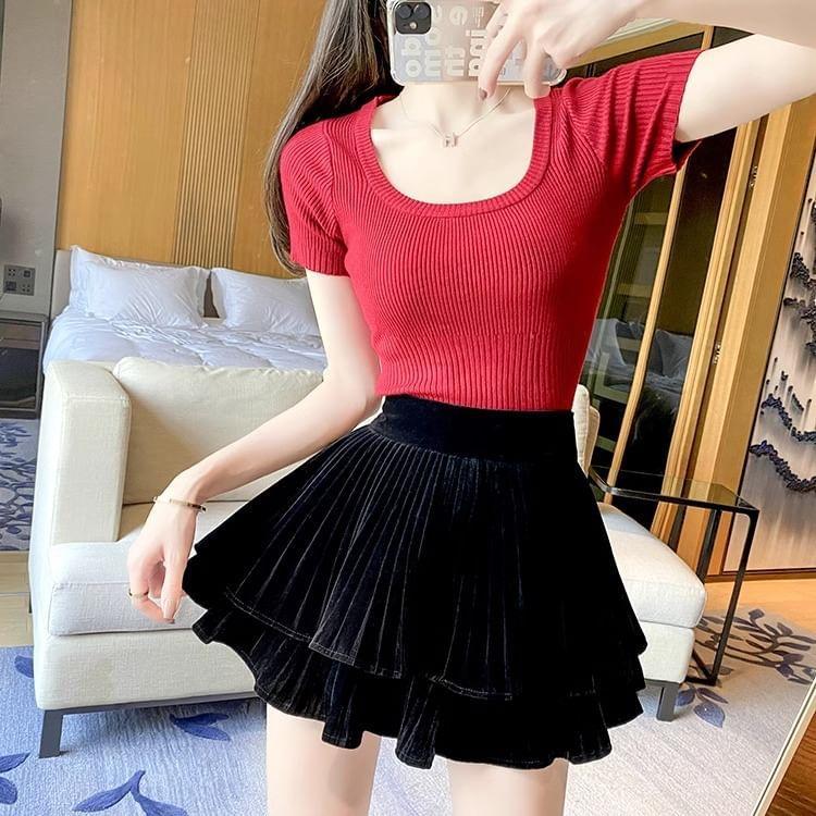 High Waist Plain Mini Tiered A-Line Skirt Product Image