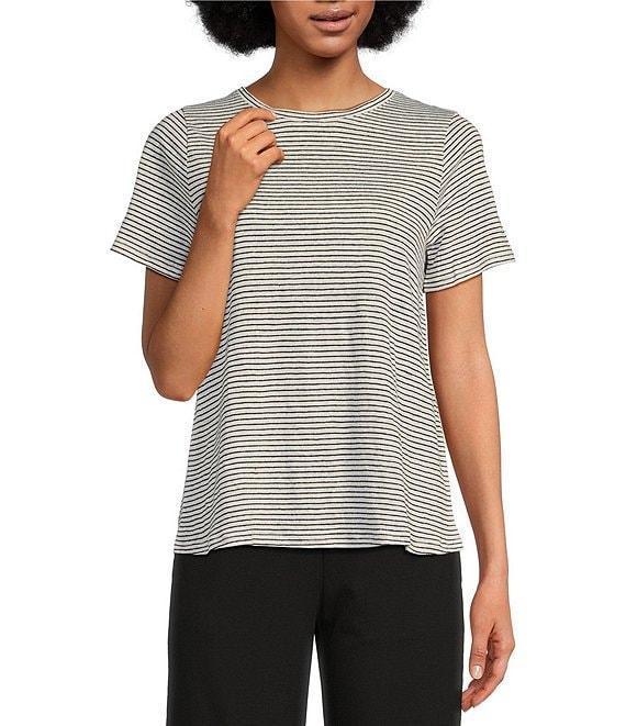 Eileen Fisher Striped Organic Linen Jersey Crew Neck Short Sleeve Tee Product Image