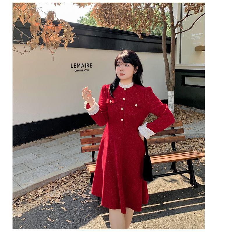 Plus Size Long-Sleeve Stand Collar Two Tone Ruffle Trim A-Line Dress Product Image