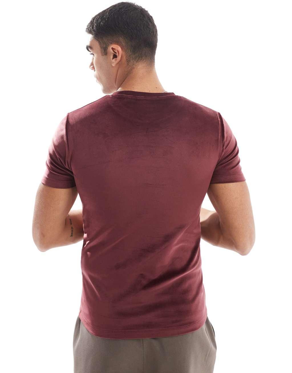 ASOS DESIGN muscle fit t-shirt in burgundy velour Product Image