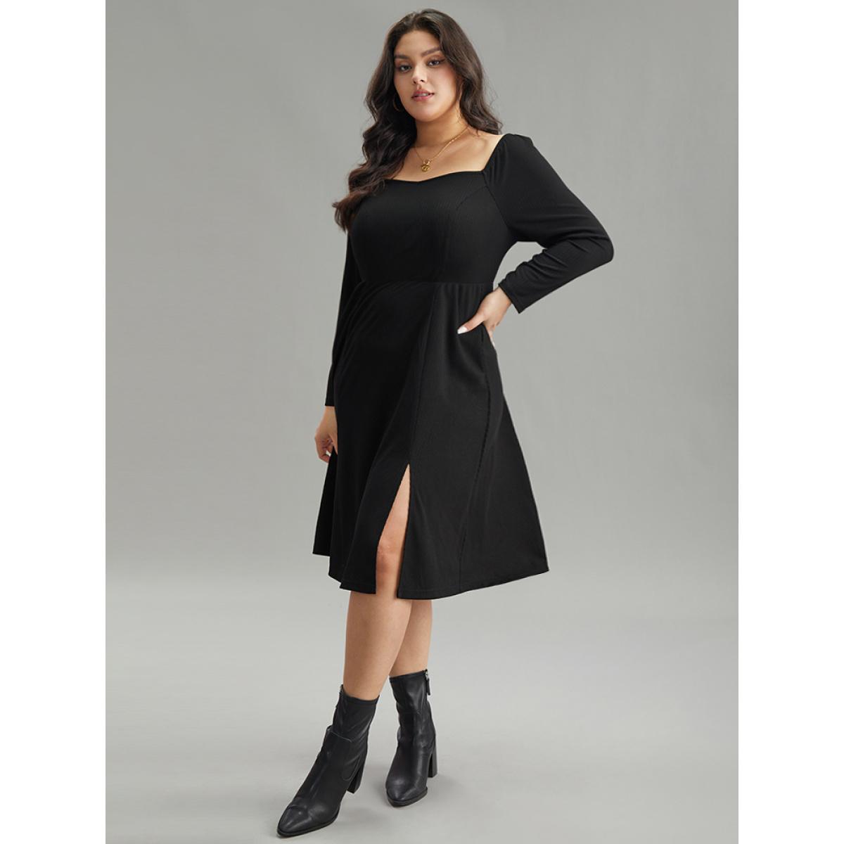 Plus Size Rib Knit Split Side Square Neck Dress Black Women Elegant Plain Square Neck Long Sleeve Curvy Midi Dress BloomChic 12/L Product Image
