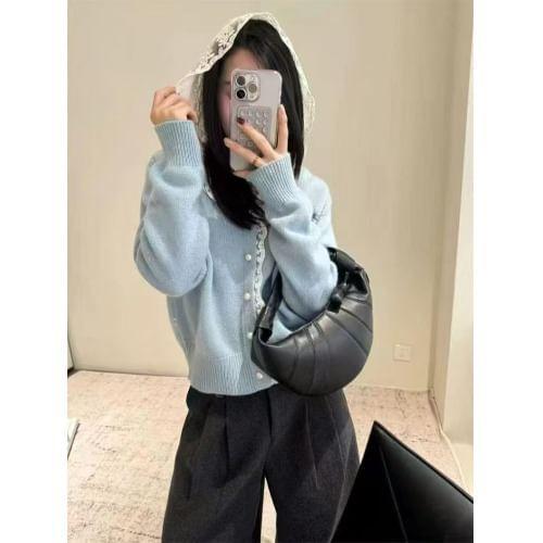 Lace Panel Hooded Button-Up Crop Cardigan Product Image
