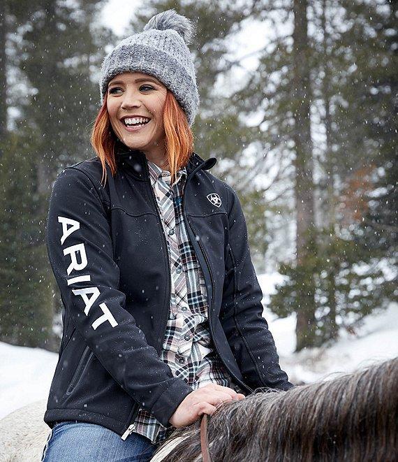 Ariat Logo Sleeve Stand Collar Heat Retention Softshell Zip Front High-Low Jacket Product Image
