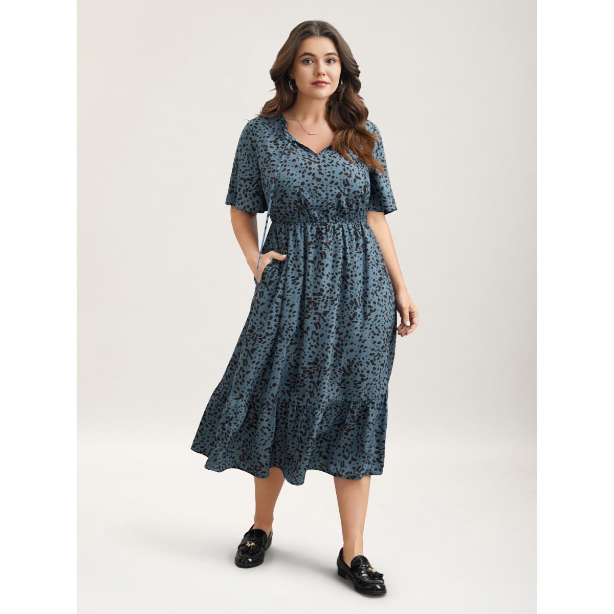 Plus Size Animal Print Tied Tiered Midi Dress Stone Women Casual Tie knot Notched collar Short sleeve Curvy BloomChic 28/5X Product Image
