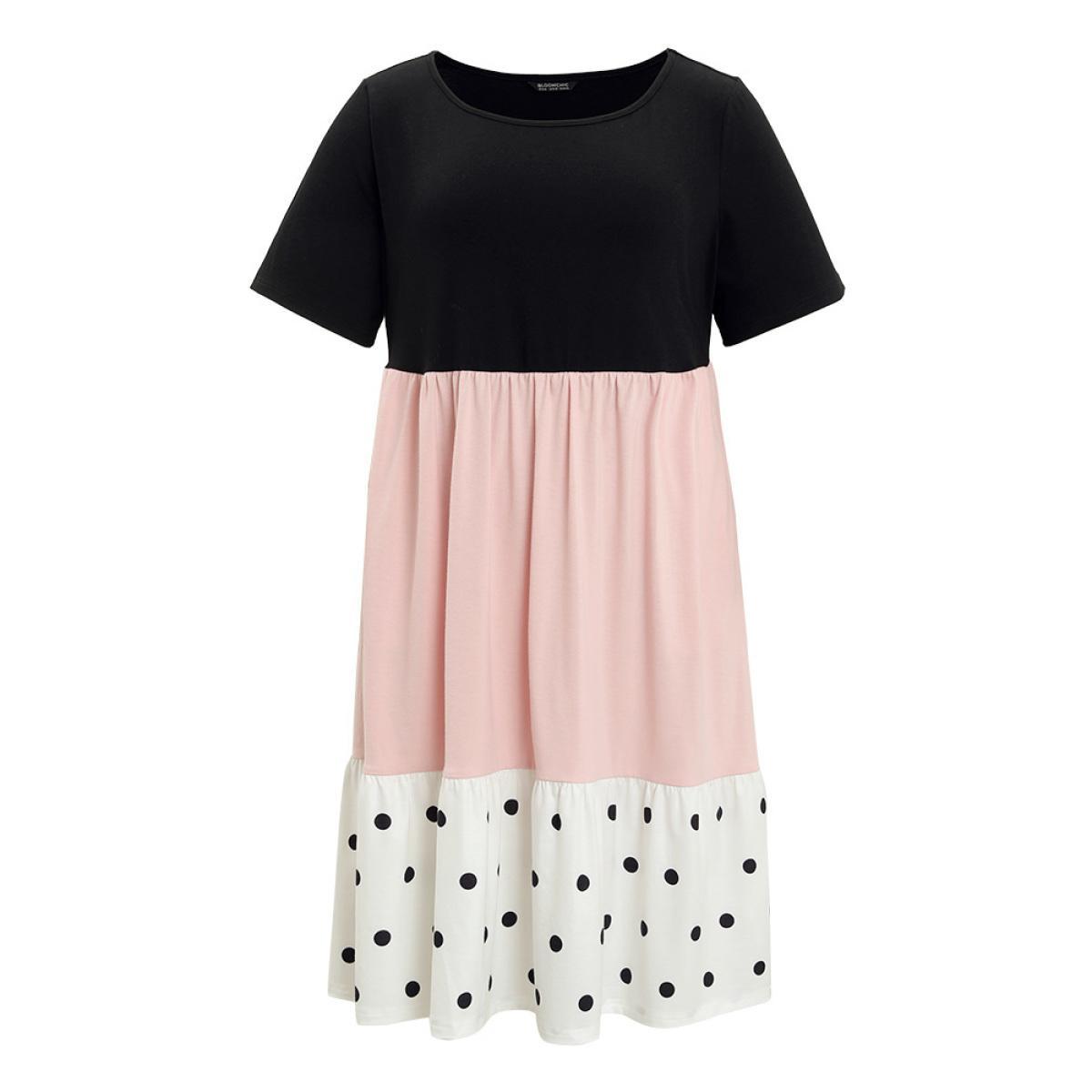 Plus Size Colorblock Contrast Pocket Ruffles Patchwork Polka Dot Dress Pink Women Casual Contrast Round Neck Short sleeve Curvy Midi Dress BloomChic 18-20/2X Product Image