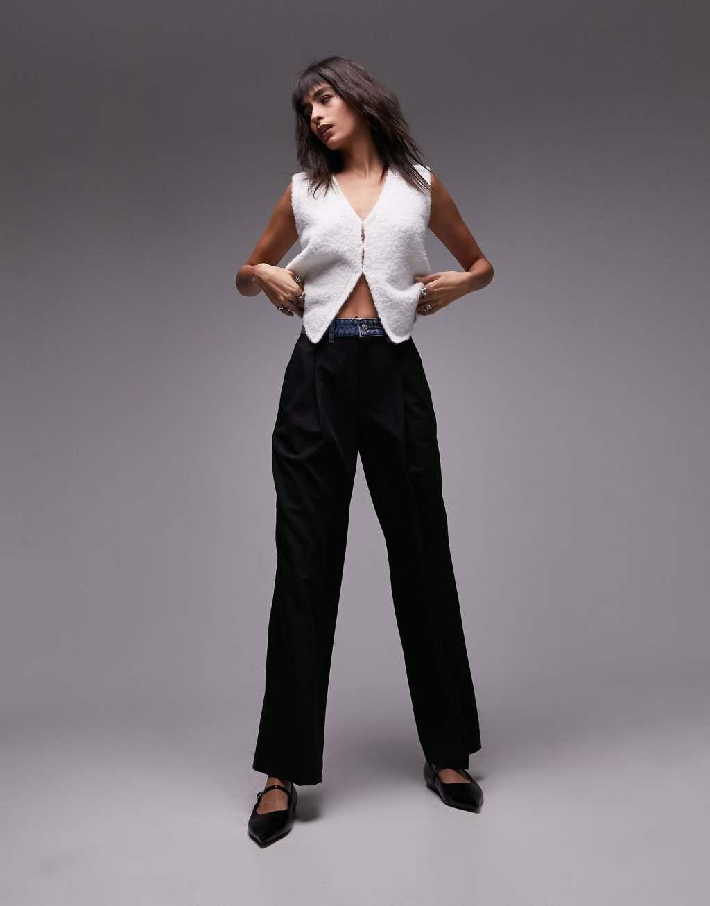 Topshop contrast denim waistband straight leg pants in black Product Image