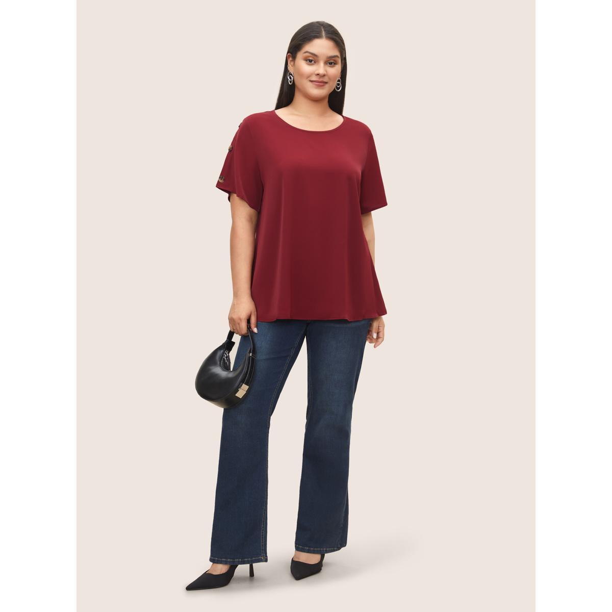 Plus Size Scarlet Plain Round Neck Button Detail Blouse Women Casual Short sleeve Round Neck Everyday Blouses BloomChic 14-16/1X Product Image