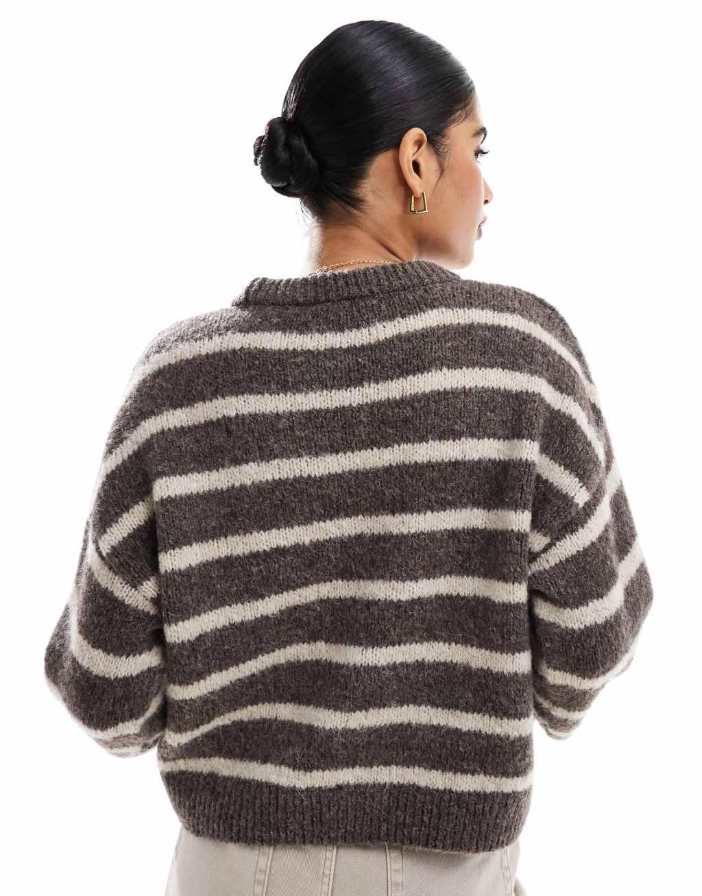 ASOS DESIGN fluffy knit sweater in brown stripe Product Image