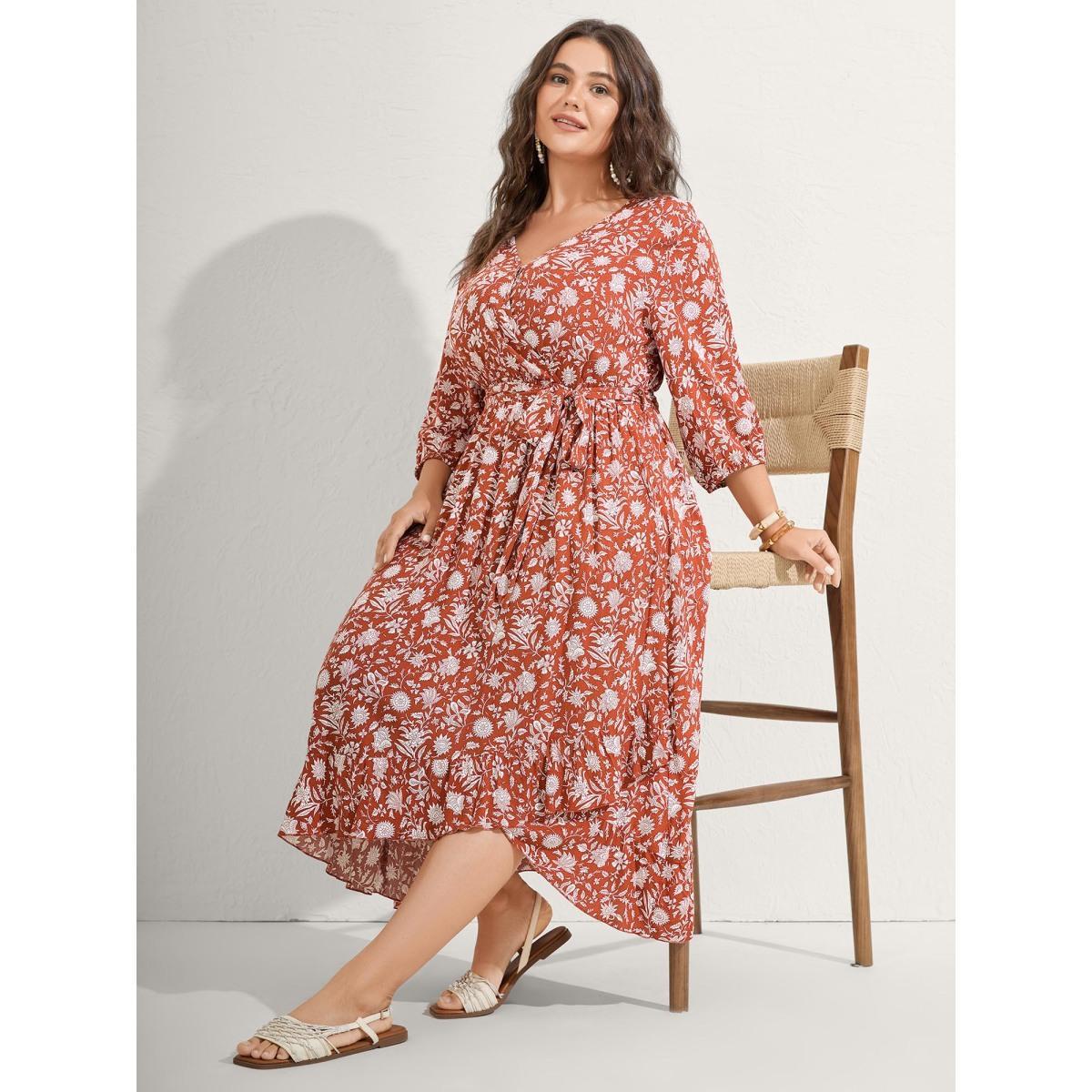 Plus Size Rayon Silhouette Flower Side-Tie Midi Dress Coral Women Overlap Collar Elbow-length sleeve Curvy BloomChic 30/6X Product Image