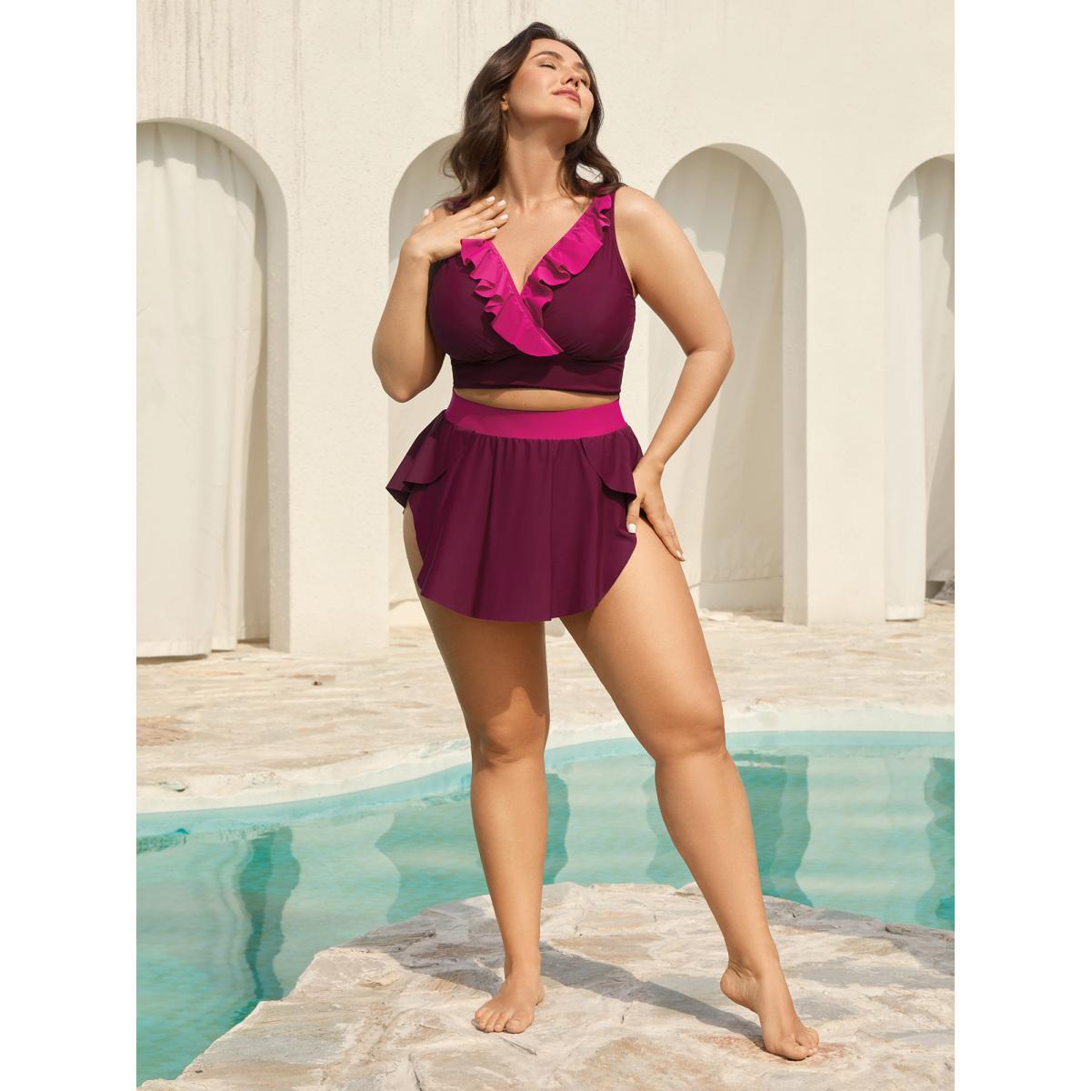 Plus Size Color Block Lotus Edge Swim Bottoms Women's Swimwear RedViolet Beach Contrast High stretch Bodycon High Rise Curve Swim Bottoms BloomChic 12/L Product Image