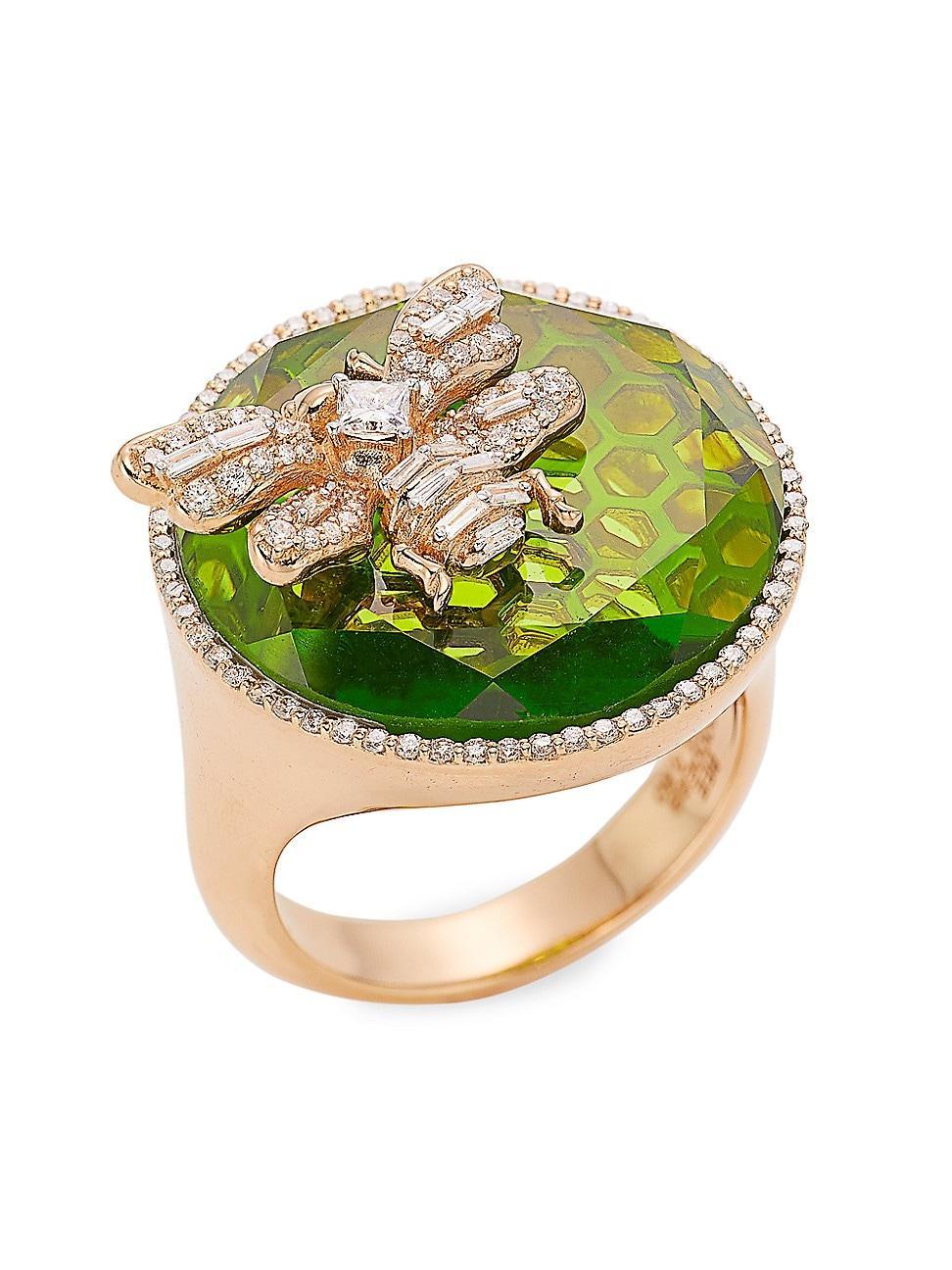 Womens Honey 14K Rose Gold, Green Topaz & 0.06 TCW Diamond Honeycomb Ring Product Image