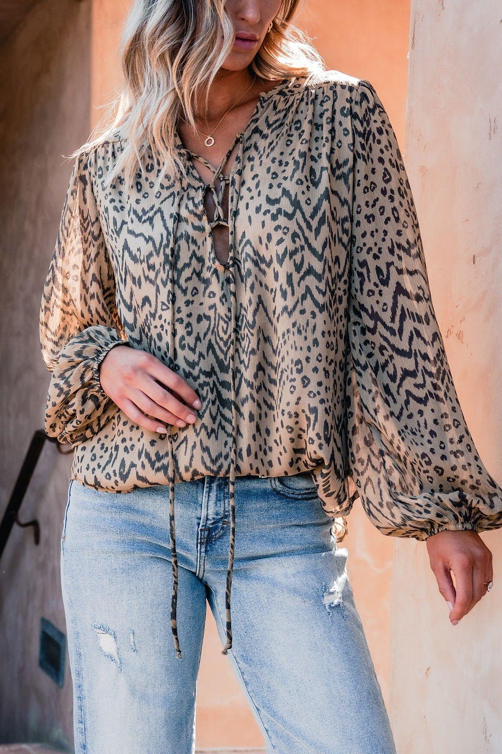 Black and Tan Print Tie Detail Top - FINAL SALE Female Product Image