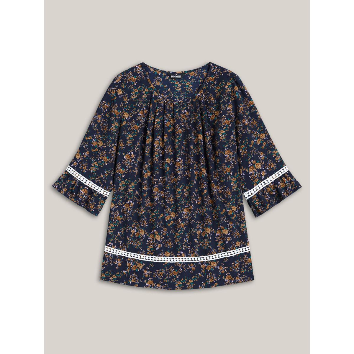 Plus Size Indigo Floral Print Lace Paneled Gathered Shirt Women Elegant Elbow-length sleeve Round Neck Everyday Blouses BloomChic 28/5X Product Image