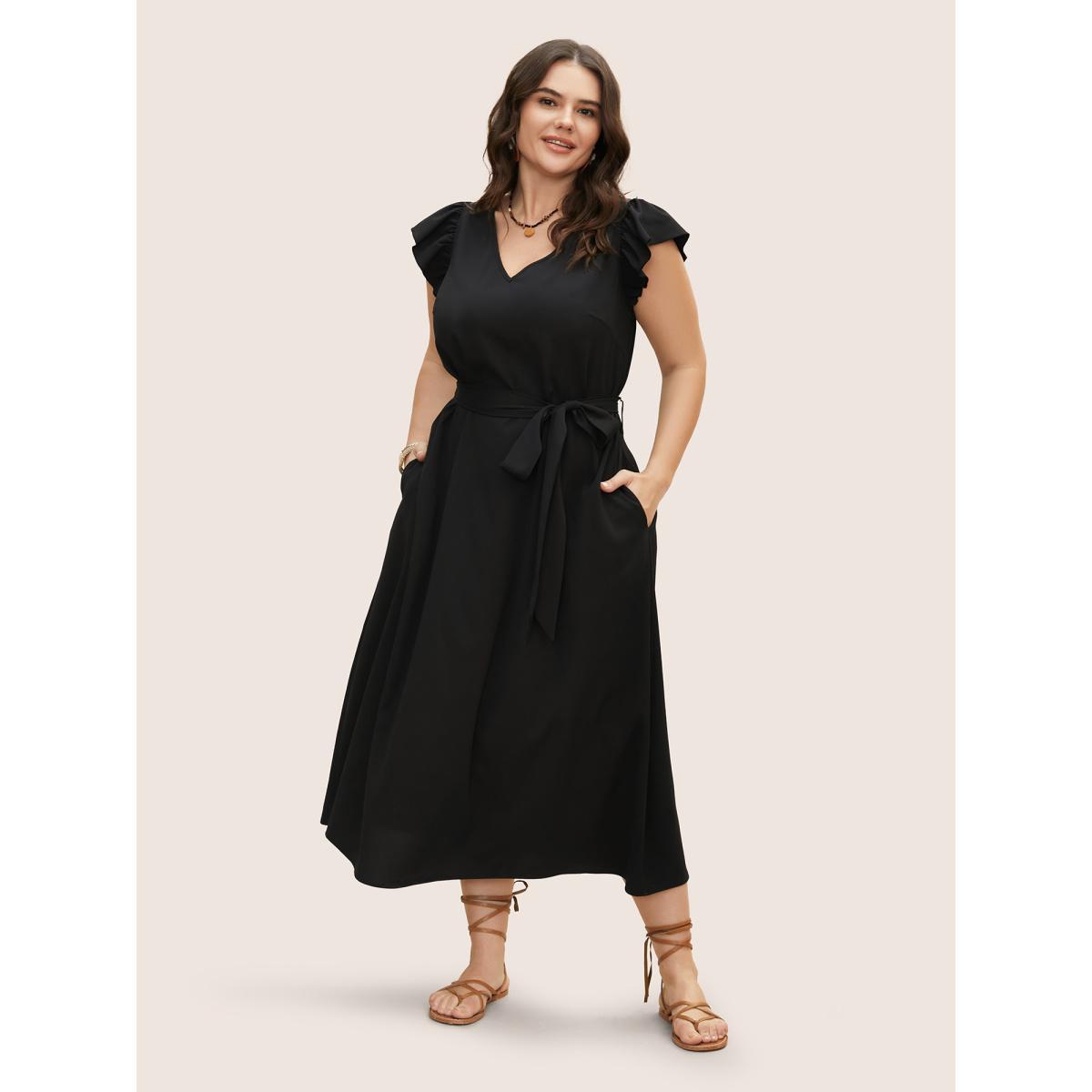 Plus Size Solid Backless Tassel Trim Tie Knot Dress Black Women Resort Tassels V-neck Cap Sleeve Curvy BloomChic 14-16/1X Product Image