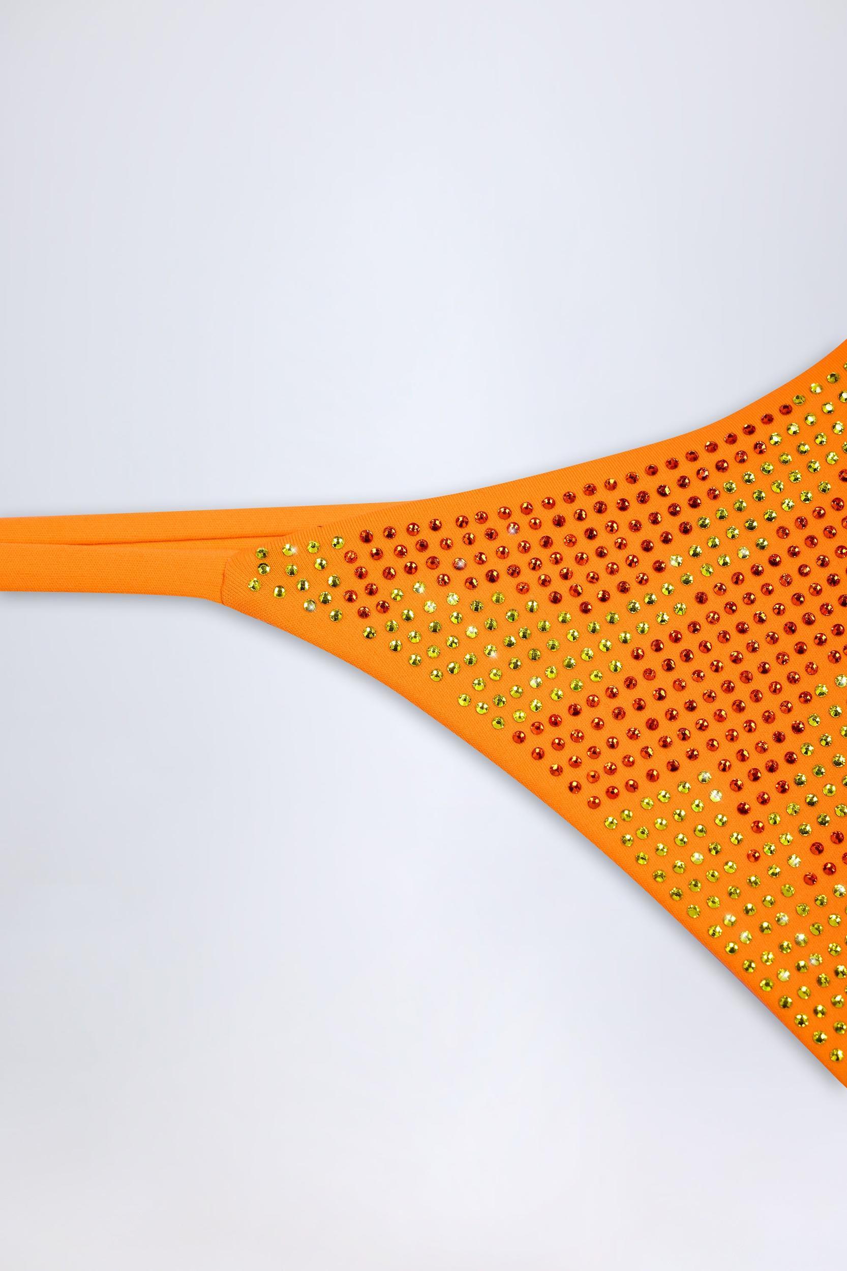 Embellished Thong Bikini Bottoms in Orange Tropical Hotfix Product Image