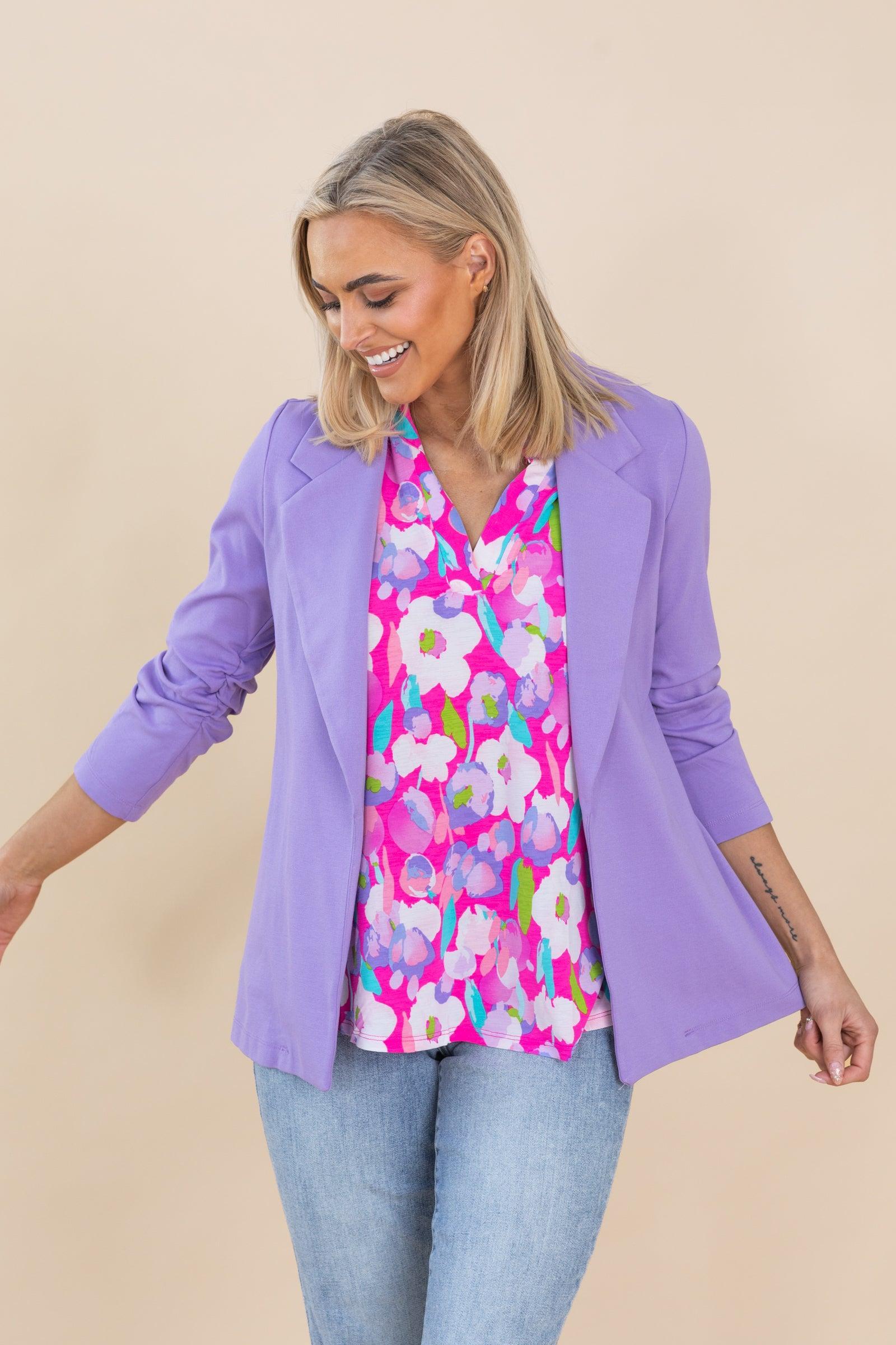 Fuchsia Floral V-Neck Wrinkle Free Lizzy Top Product Image