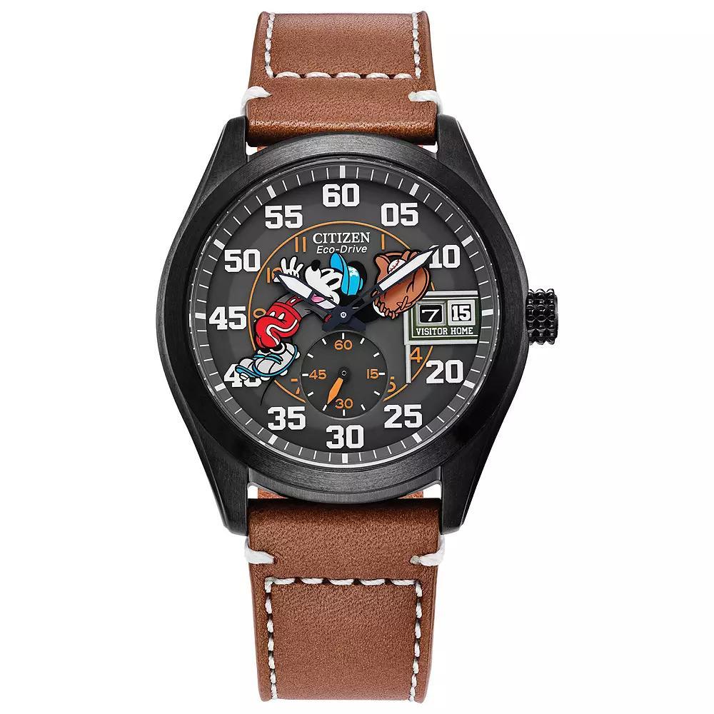 Disneys 100th Anniversary Mickey Mouse Mens Eco-Drive Batters Up Brown Leather Strap Watch by Citizen - BV1089-05W Product Image