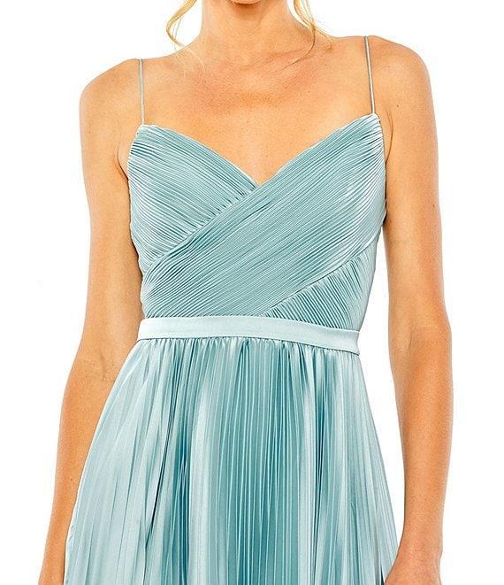 Mac Duggal Pleated Ruched V-Neck Spaghetti Strap Satin A-Line Gown Product Image