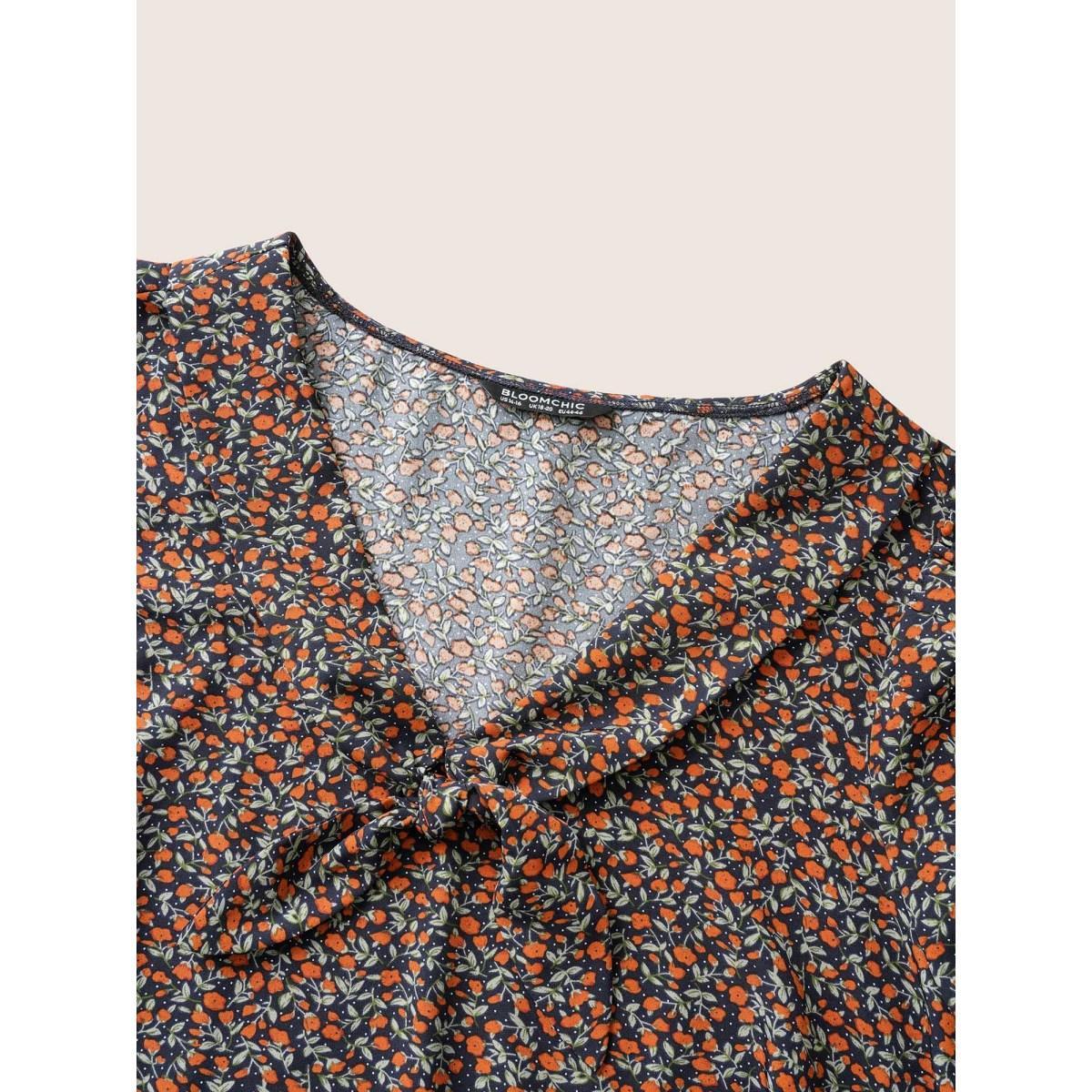 Plus Size Indigo Ditsy Floral Ties Elastic Cuffs Blouse Women Elegant Long Sleeve V-neck Everyday Blouses BloomChic 22-24/3X Product Image