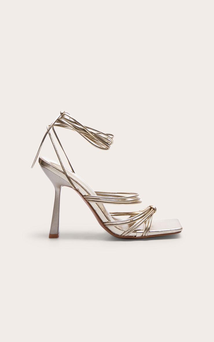 Gold Metallic Wide Fit Strappy Knot Detail Square Lace Up High Heeled Sandals Product Image