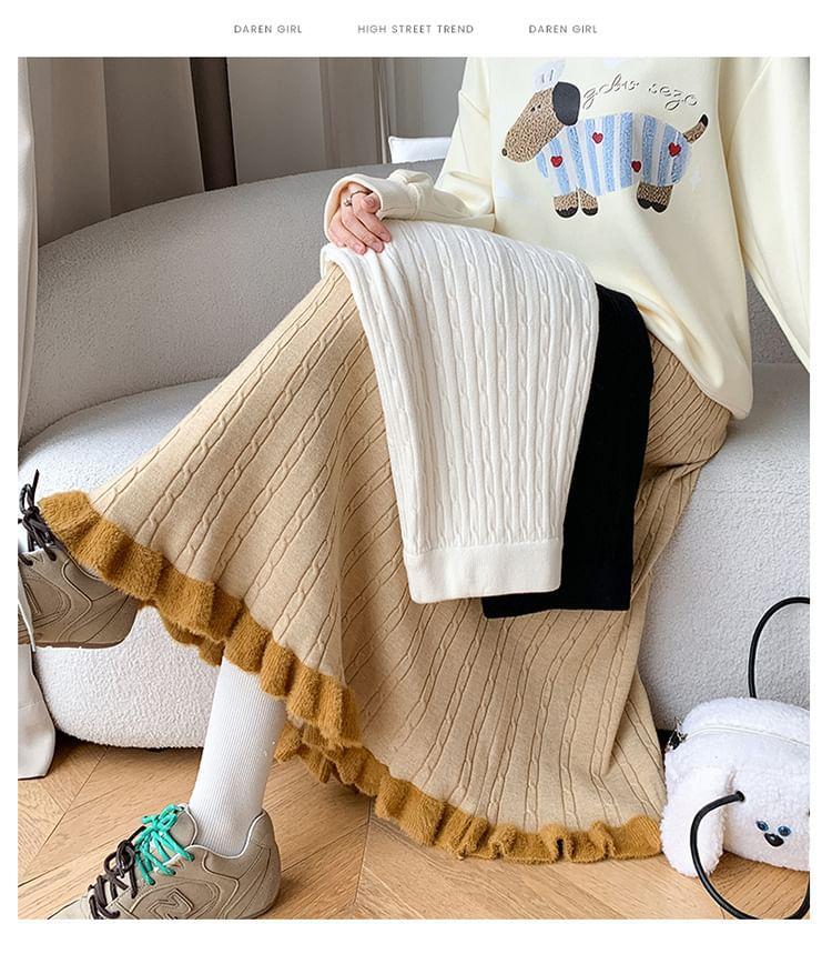 High Waist Ruffle Hem Knit Midi A-Line Skirt Product Image