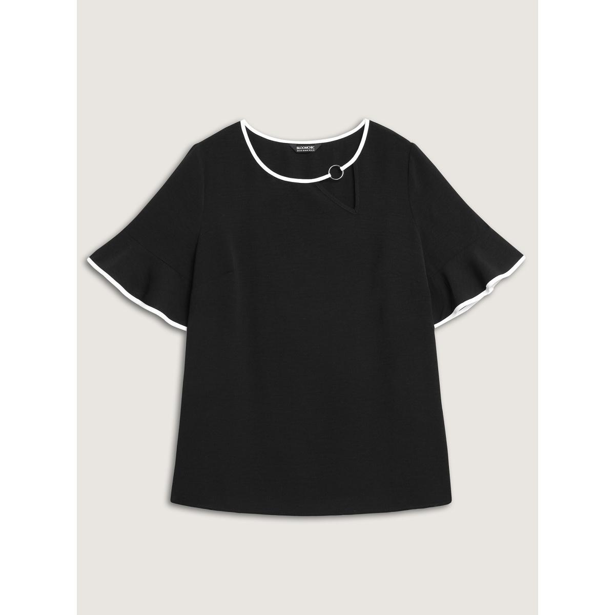 Plus Size Black Metal Color Contrast Asymmetrical Neck Blouse Women Half Sleeve Round Neck Work Blouses BloomChic 26/4X Product Image