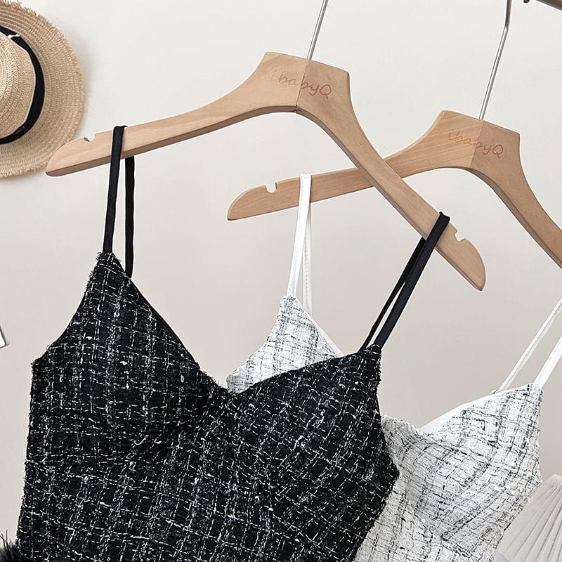 V-Neck Plaid Fluffy Trim Cropped Cami Top Product Image