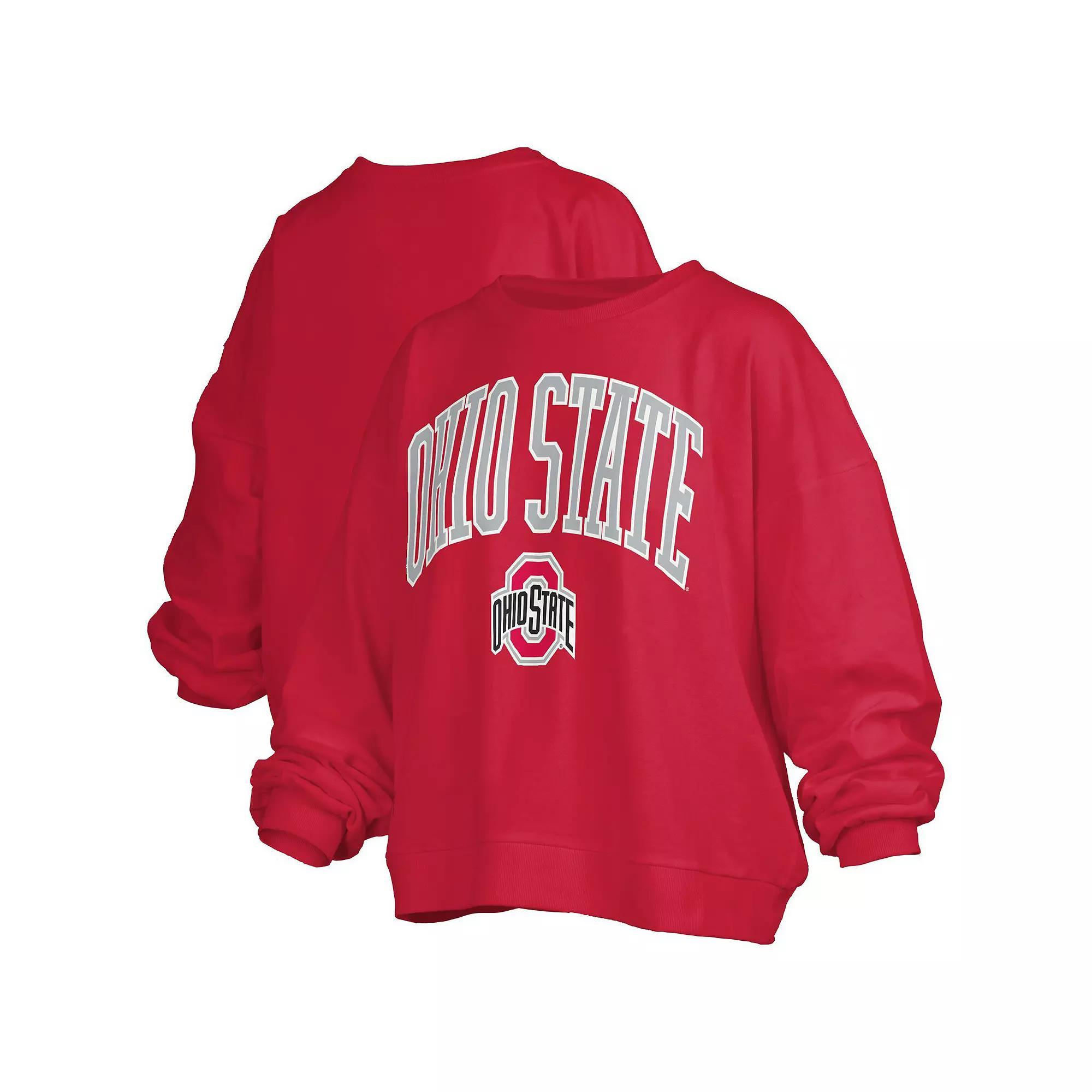 Women's Pressbox Scarlet Ohio State Buckeyes Janise Arch Over Logo Waist Length Oversized Pullover Sweatshirt, Size: Medium, Red Product Image