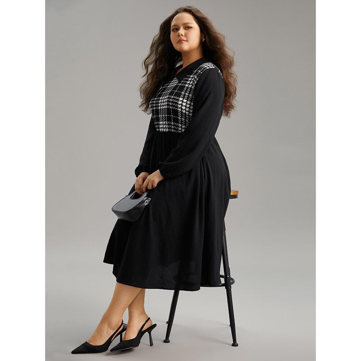Plus Size Plaid Patchwork Lapel Collar Pocket Dress Black Women Office Patchwork Lapel Collar Long Sleeve Curvy Midi Dress BloomChic 12/L Product Image