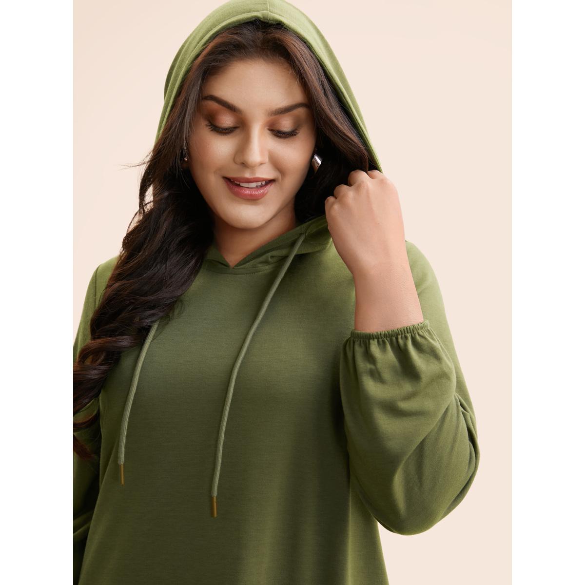 Plus Size Patchwork Pleated Hooded Drawstring Dress ArmyGreen Women Casual Pleated Hooded Long Sleeve Curvy BloomChic 30/6X Product Image