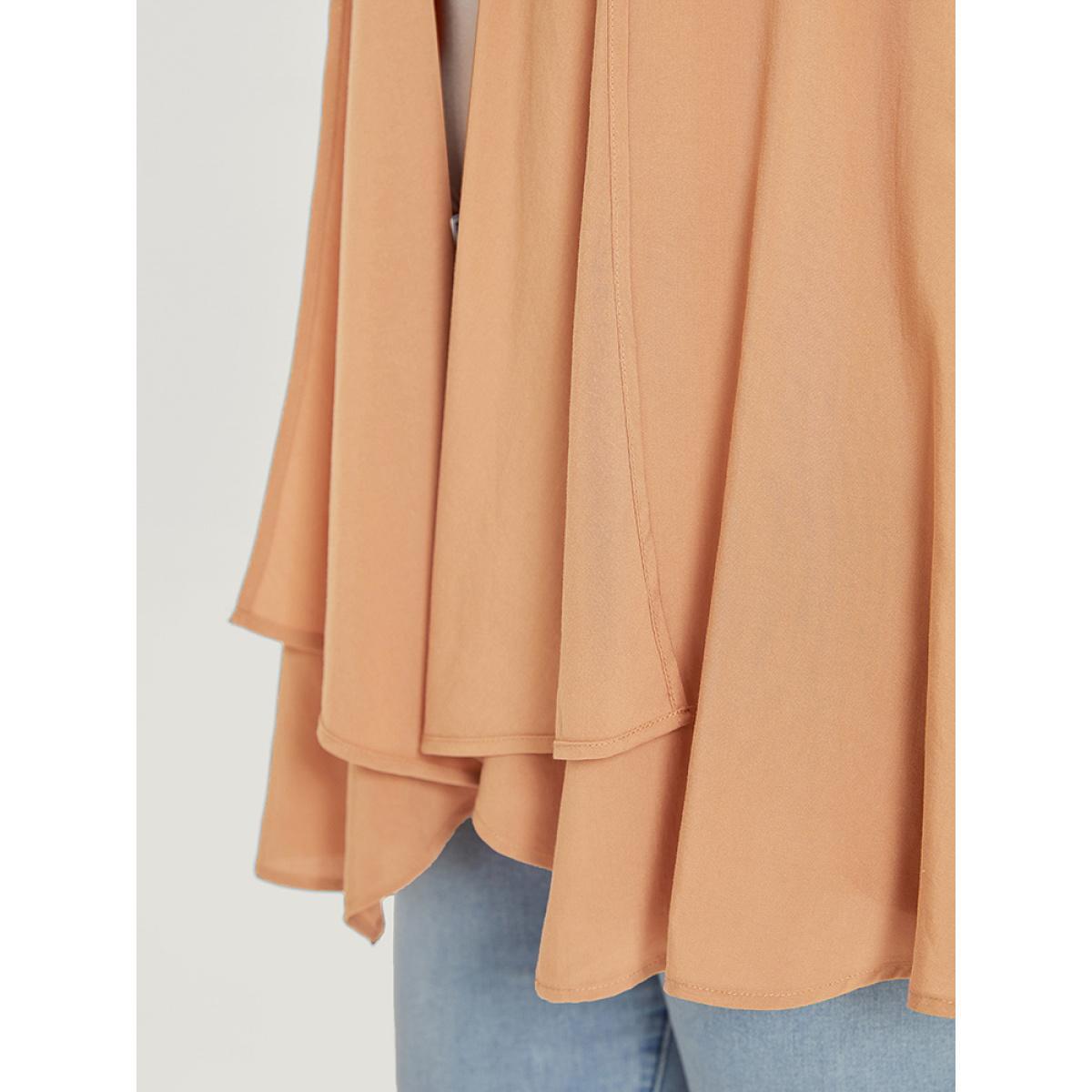 Plus Size Supersoft Essentials Plain Pocket Button Asymmetrical Hem Kimono Women Tan Casual Asymmetrical Pocket Dailywear Kimonos BloomChic 10/M Product Image