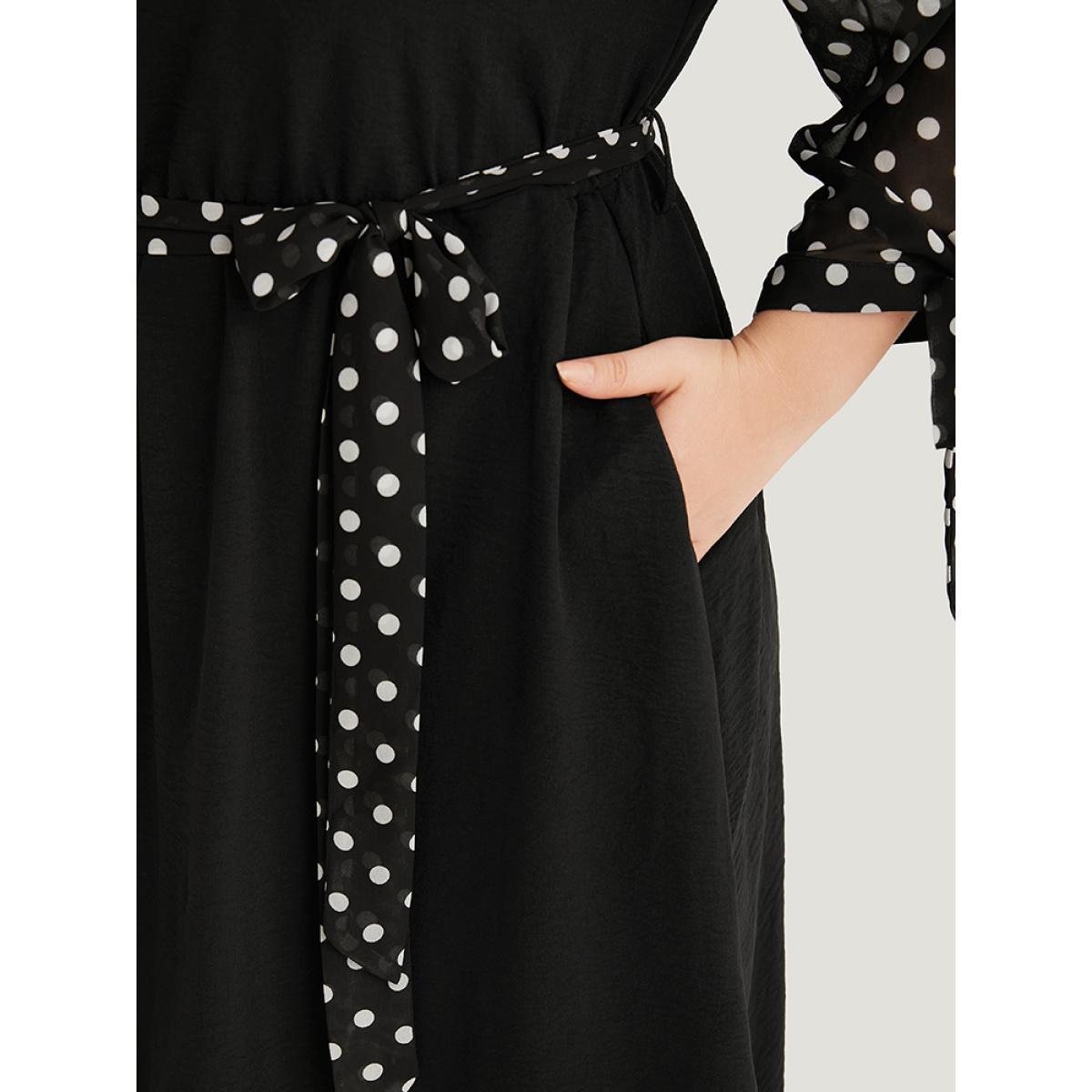 Plus Size Polka Dot Patchwork Mesh Belted Bowknot Dress Black Women Office See through Round Neck Long Sleeve Curvy Midi Dress BloomChic 22-24/3X Product Image