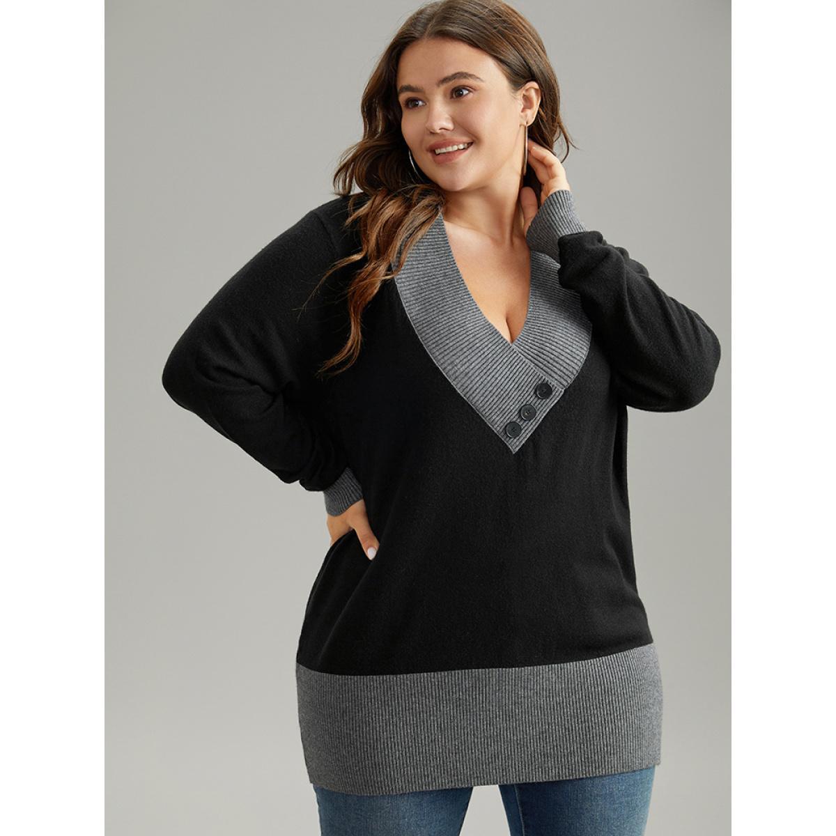 Plus Size Supersoft Essentials Contrast Deep V Neck Button Detail Pullover Black Women Casual Long Sleeve Deep V-neck Everyday Pullovers BloomChic 28/5X Product Image