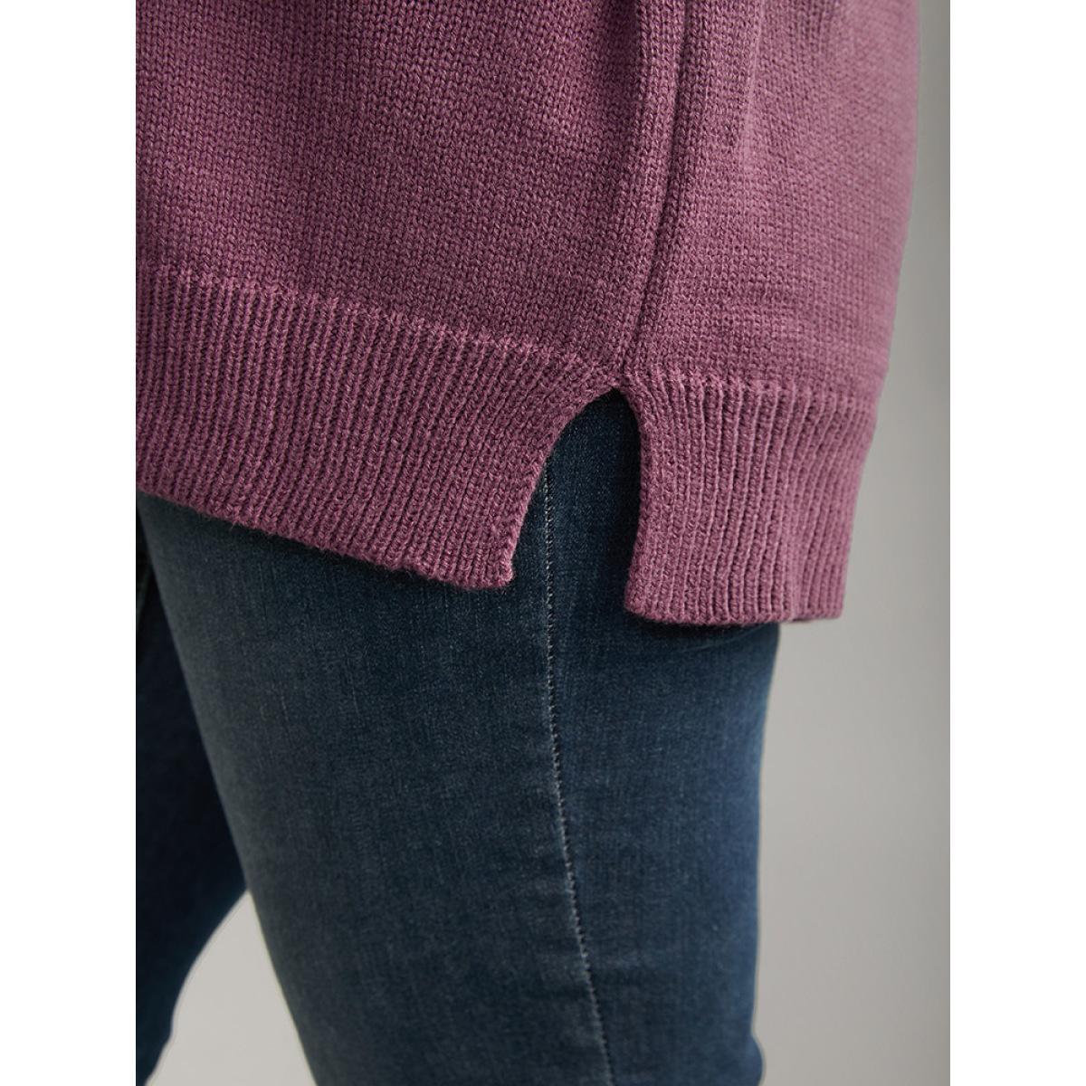 Plus Size Solid Cable Knit V Neck Split Side Pullover Mauve Women Casual Loose Long Sleeve V-neck Everyday Pullovers BloomChic 22-24/3X Product Image