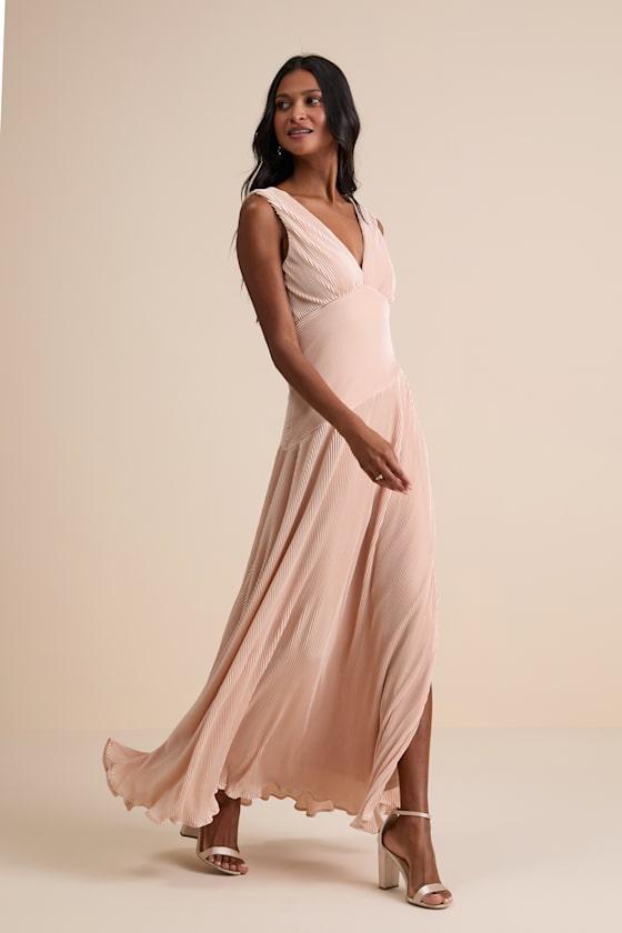 Renee Blush Satin Plisse V-Neck Maxi Dress Product Image