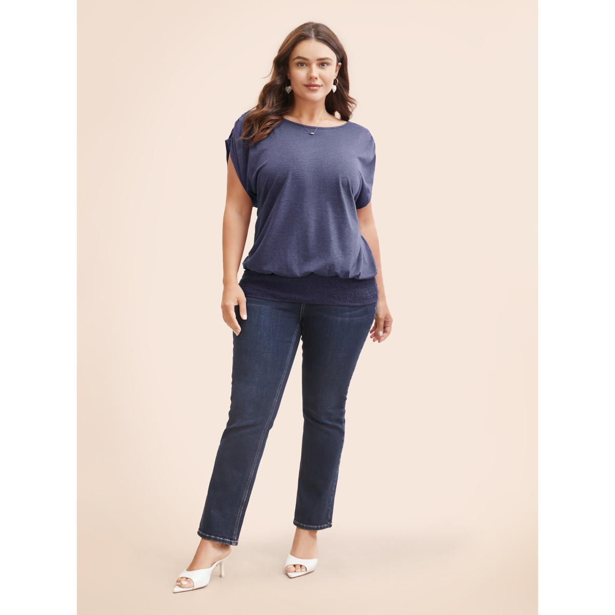 Plus Size Solid Ruched Batwing Sleeve Shirred Hem T-shirt Indigo Women Elegant Ruched Plain Boat Neck Everyday T-shirts BloomChic 30/6X Product Image