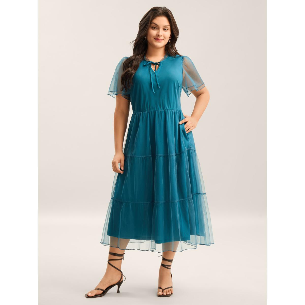 Plus Size Stretchy Waist Neck Tie Sheer Midi Dress Teal Women Flat collar with V-notch Short sleeve Curvy BloomChic 10/M Product Image