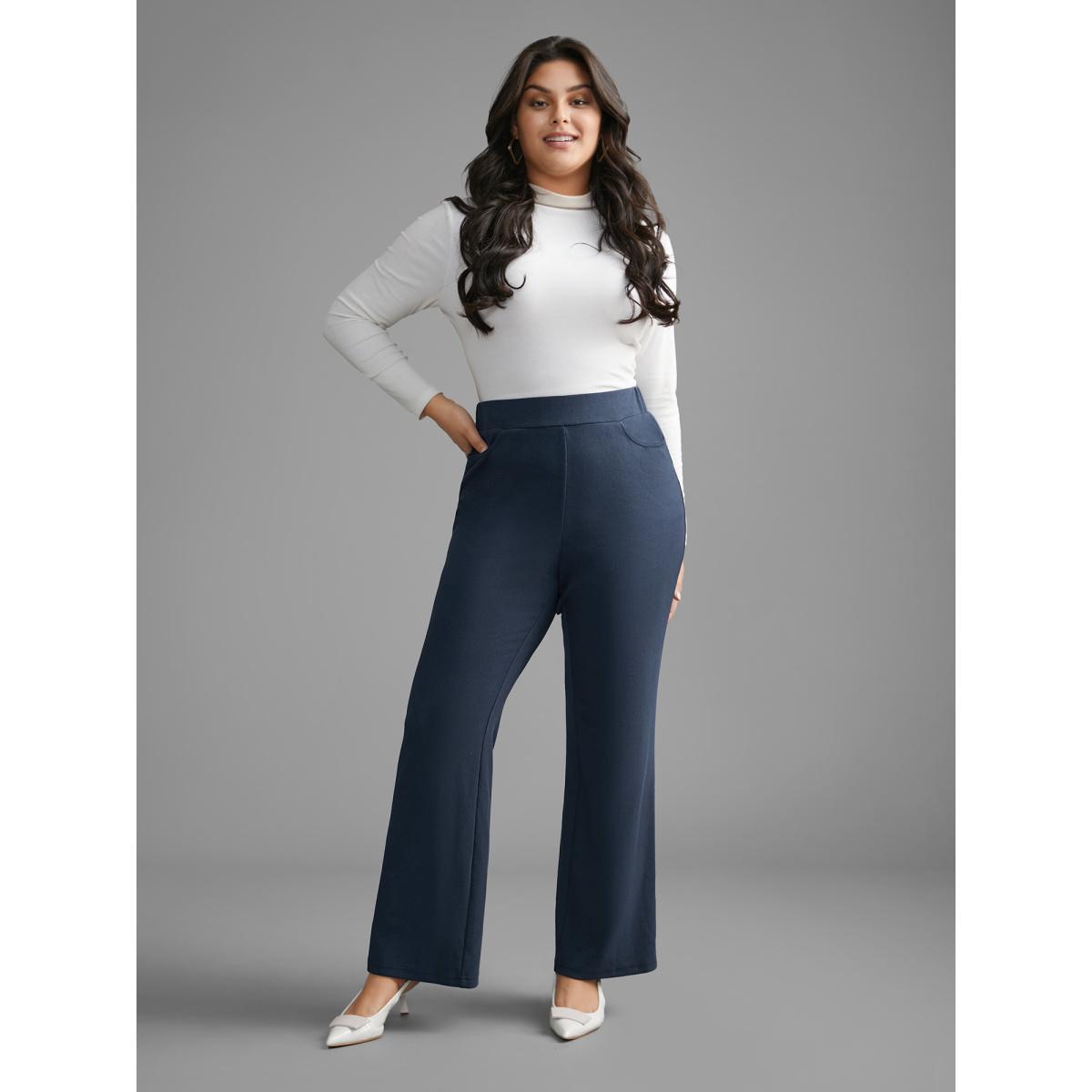 Plus Size Plain Textured Stretchy Bootcut Pants Women Indigo Elegant Bootcut Mid Rise Everyday Pants BloomChic 22-24/3X Product Image